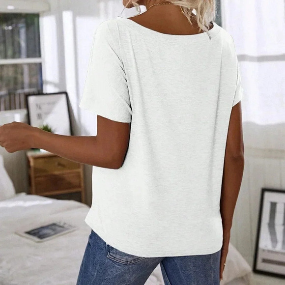 White Casual Women's Solid Color Asymmetric Neck Batwing Short Sleeve T-Shirt - Picture 2 of 6